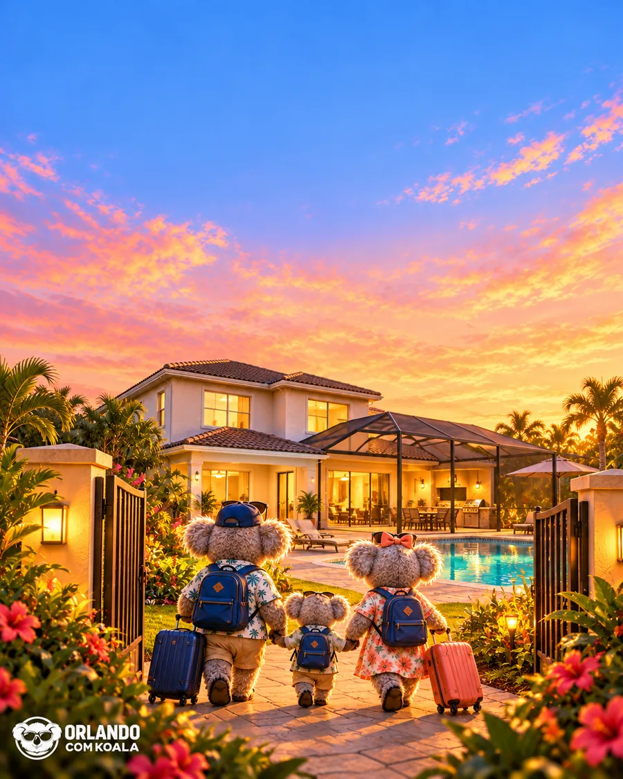 Família Koala chegando a uma casa com piscina