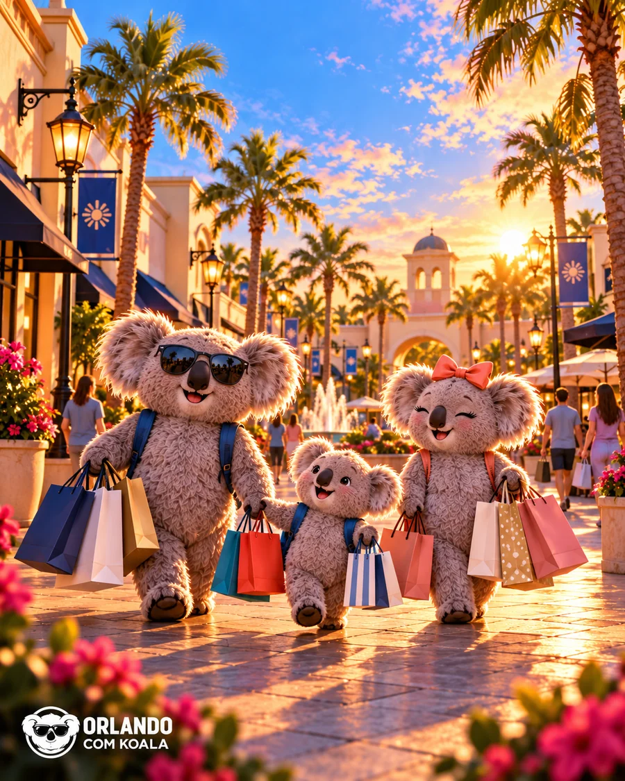 Família Koala com sacolas de compras num outlet na Flórida