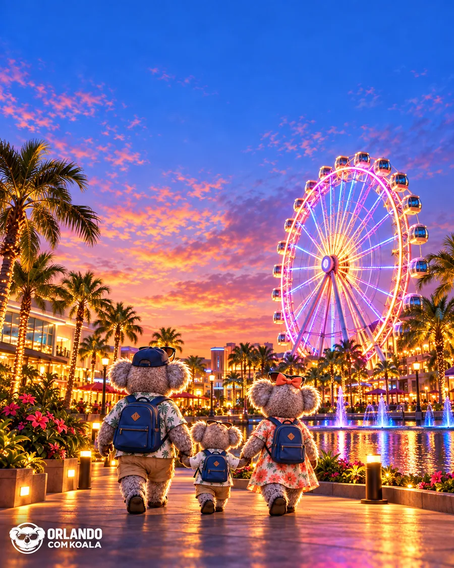 Família Koala diante da roda-gigante do ICON Park
