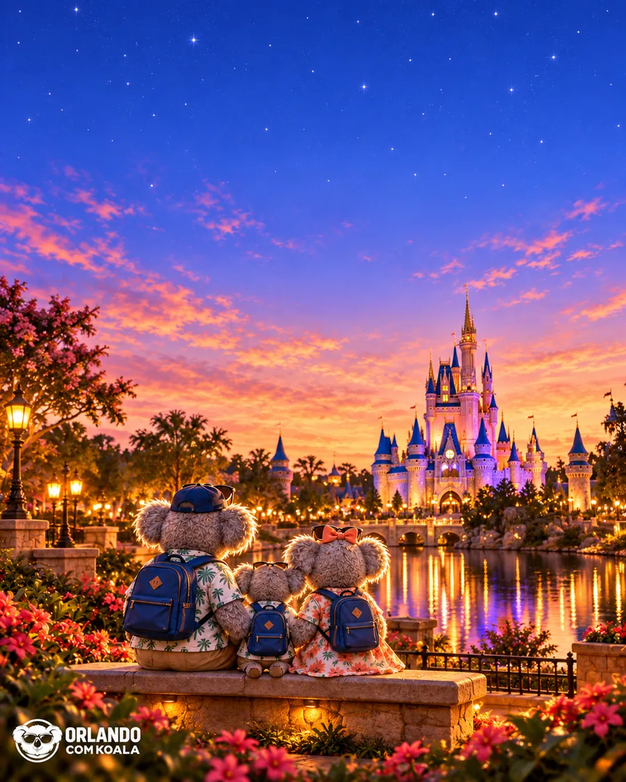 Família Koala vendo o castelo iluminado
