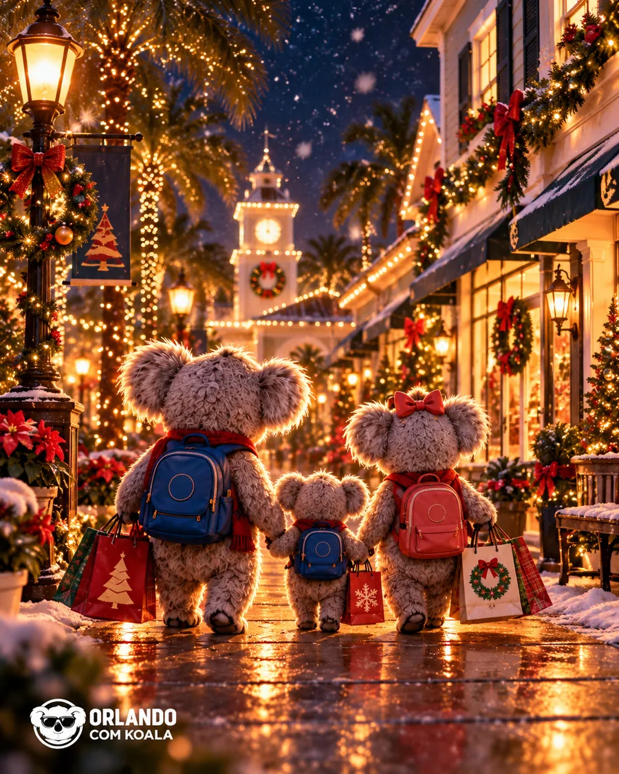 Família Koala com sacolas de presente numa rua com neve de Natal