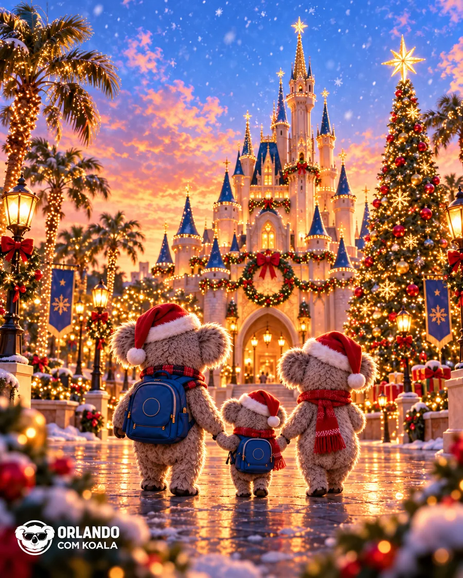 Família Koala de gorro diante de um castelo iluminado para o Natal