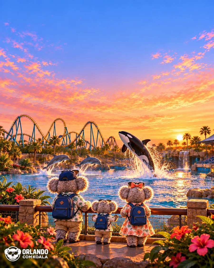 Família Koala vendo a orca saltar no SeaWorld