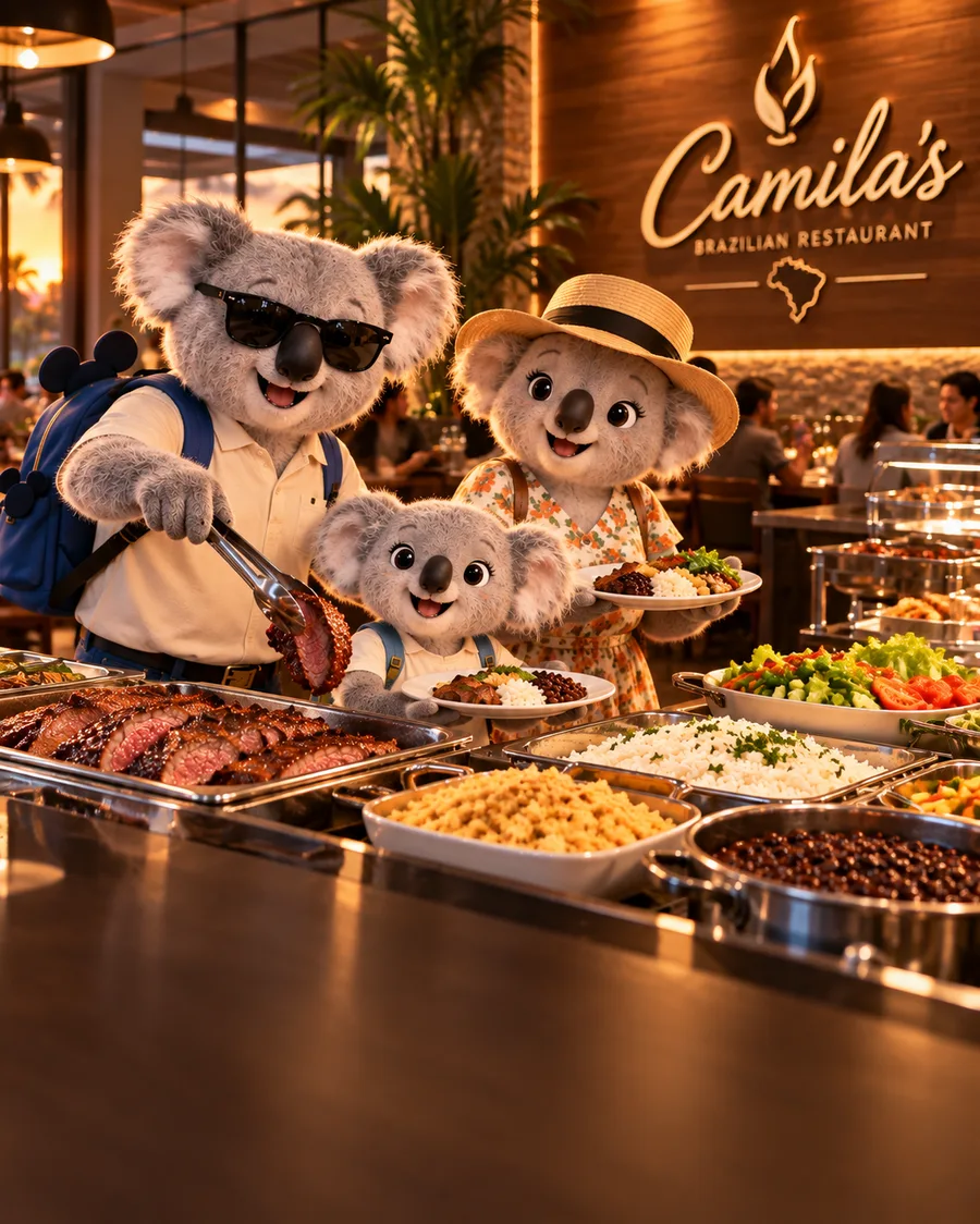 Família Koala se servindo no buffet do Camila’s Restaurant