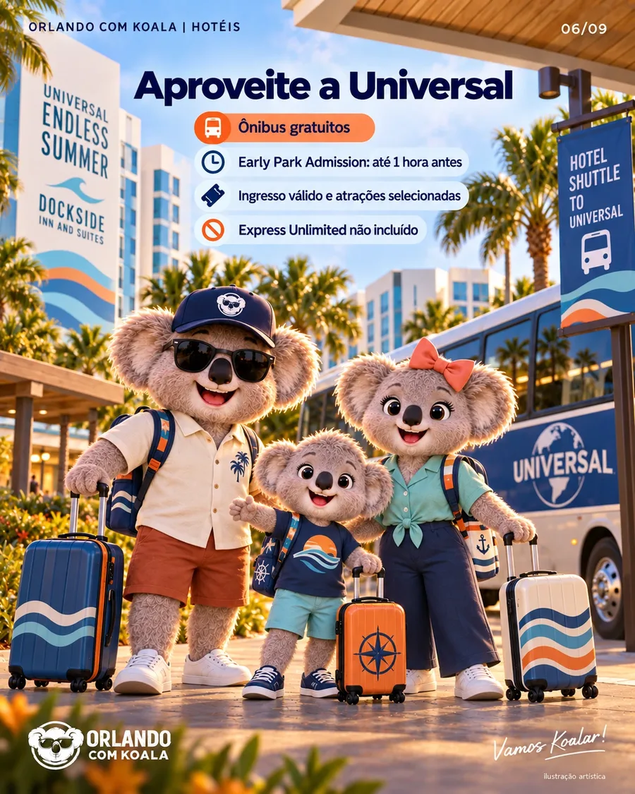 Benefícios e transporte · Universal Endless Summer Dockside, arte Orlando com Koala