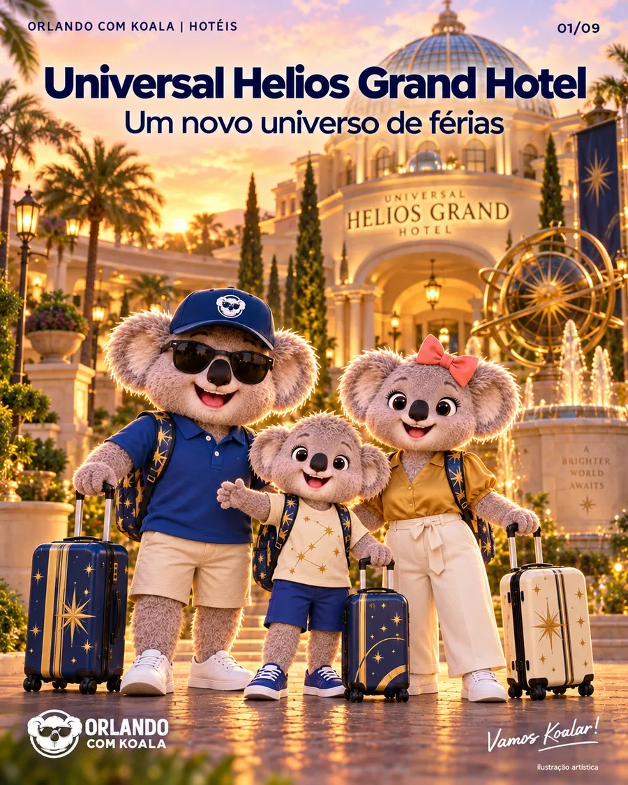 Família Koala diante do Universal Helios Grand Hotel, no Epic Universe