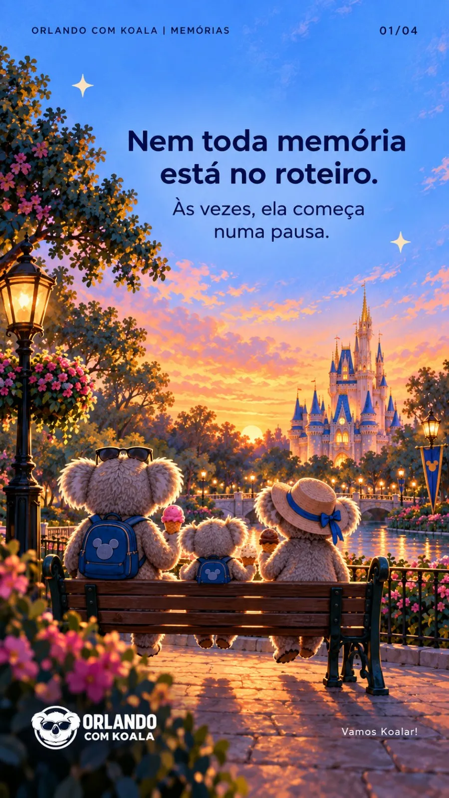 Família Koala num banco diante do castelo