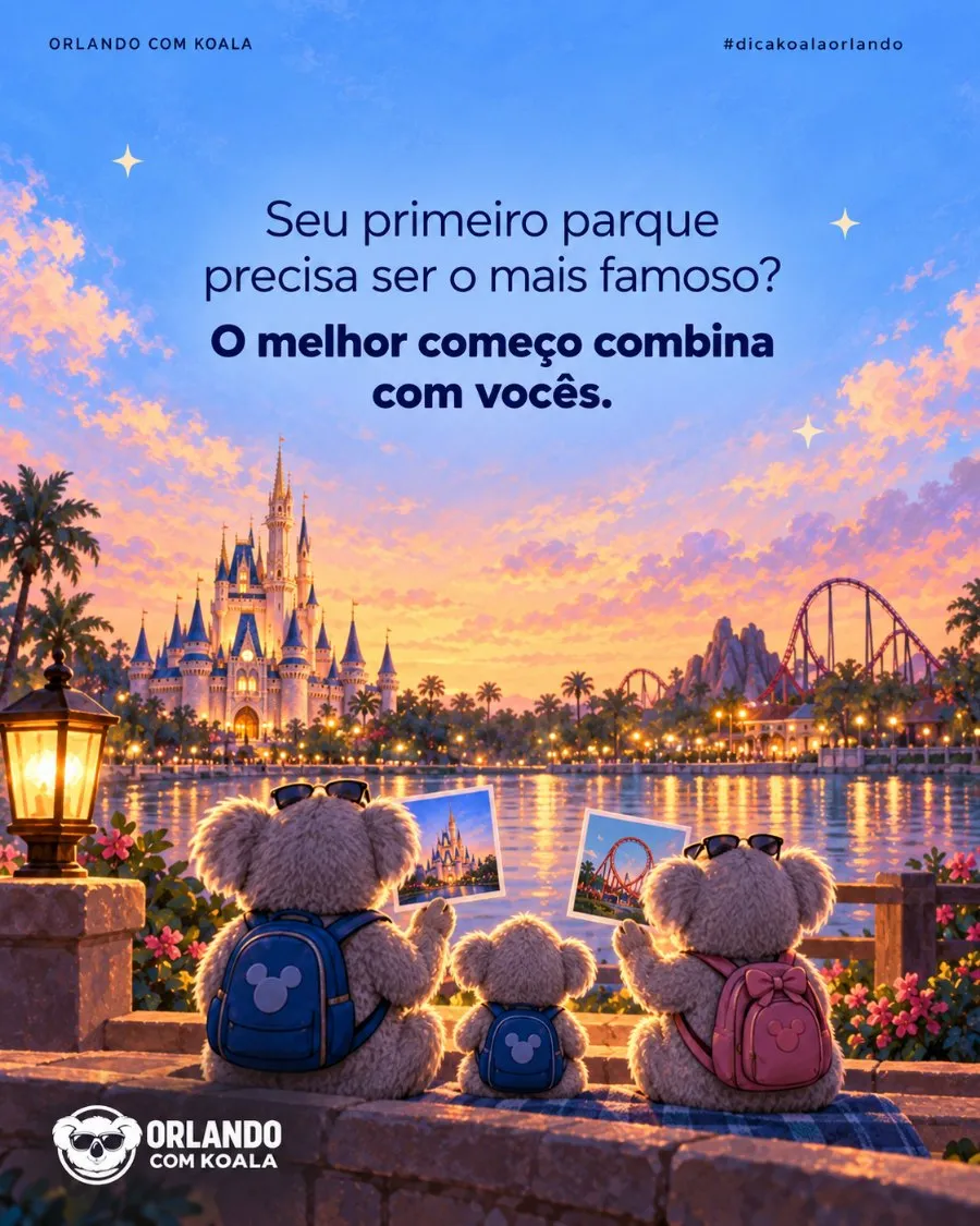Família Koala diante do castelo, planejando o primeiro parque
