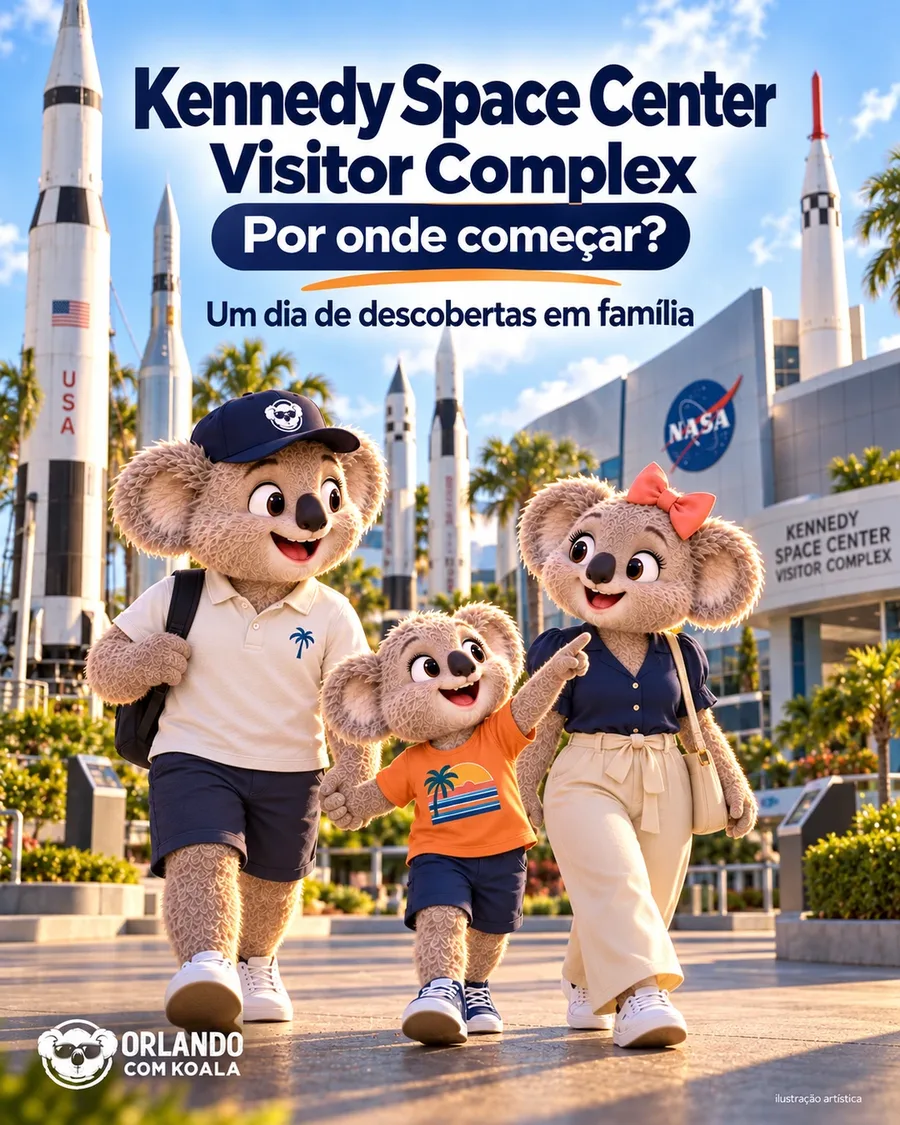 Família Koala no Kennedy Space Center, entre foguetes