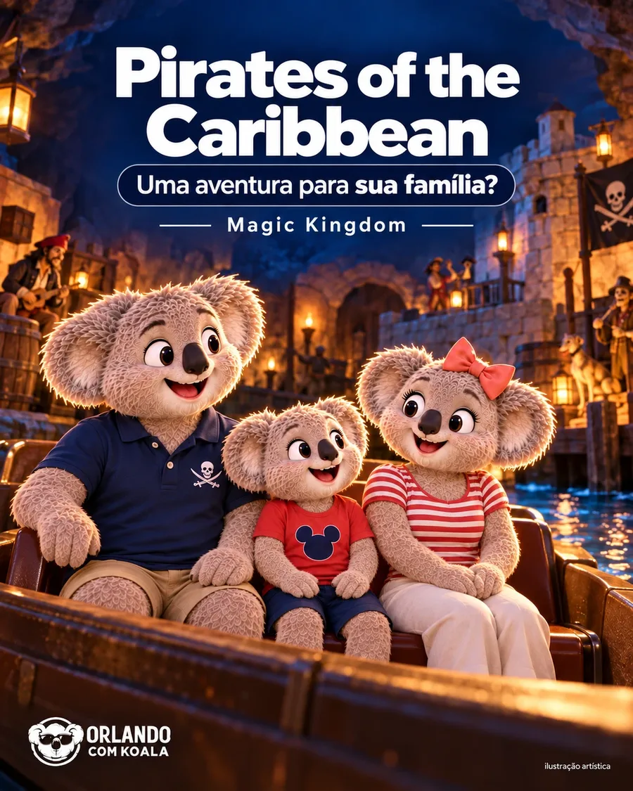Família Koala no barco do Pirates of the Caribbean